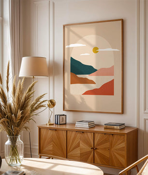 Paysage minimaliste avec montagnes et soleil