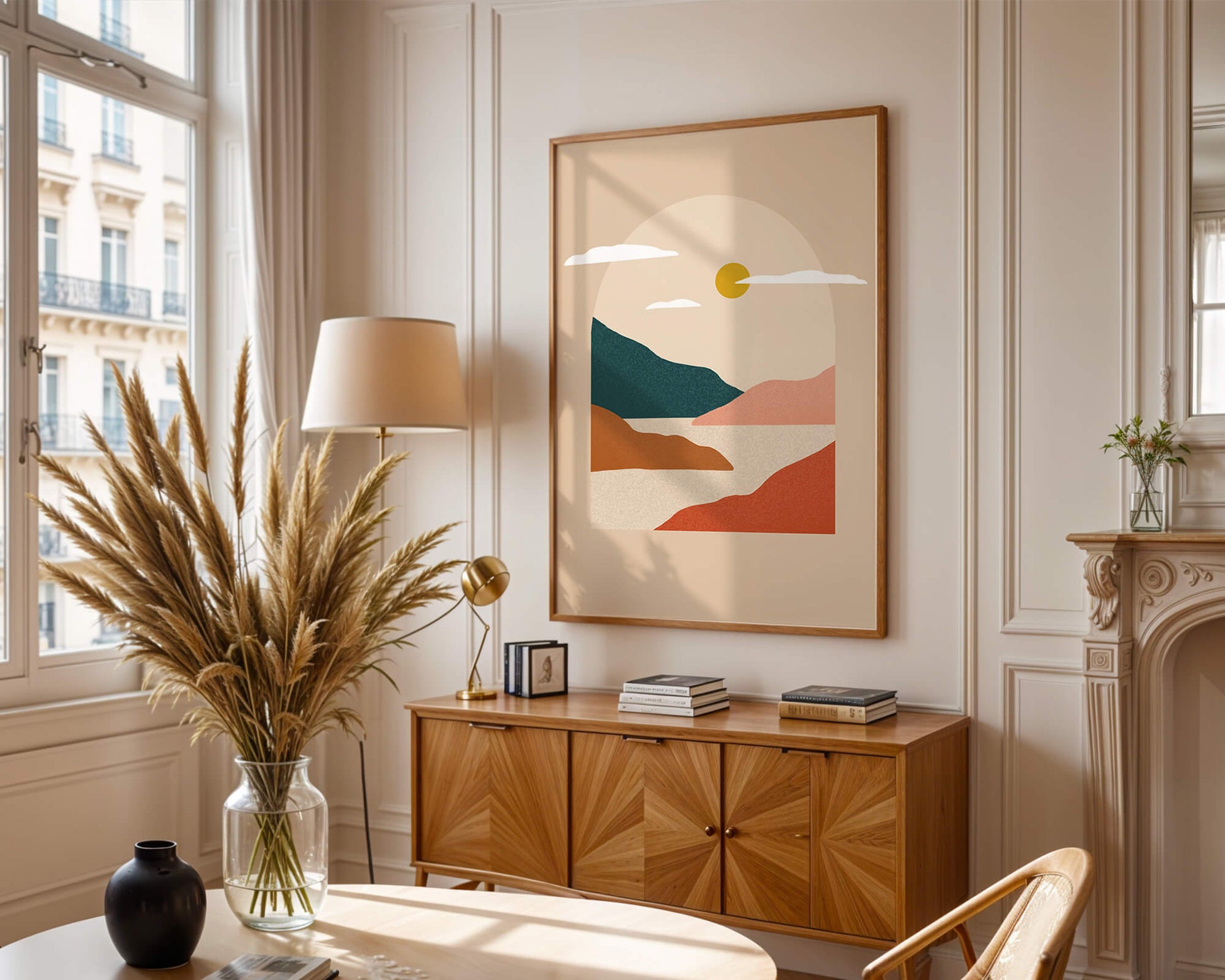 Paysage minimaliste avec montagnes et soleil