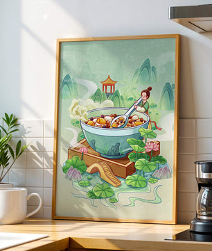 Illustration of a traditional Asian scene with large bowl and serene landscape