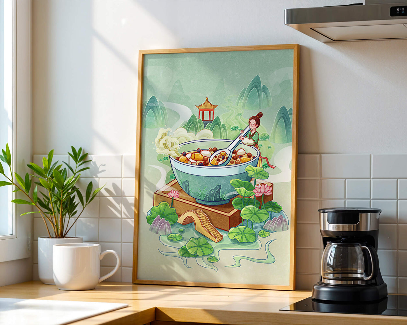 Illustration of a traditional Asian scene with large bowl and serene landscape