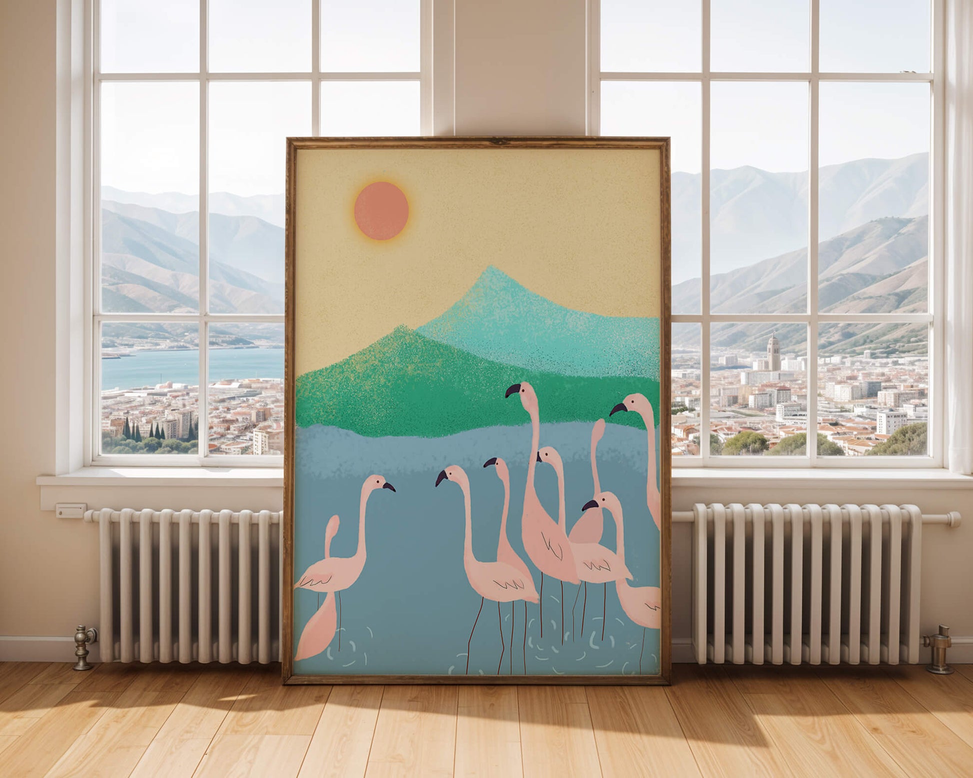 Friedliche Szene mit Flamingos in einer ruhigen Landschaft mit Bergen und Sonnenuntergang
