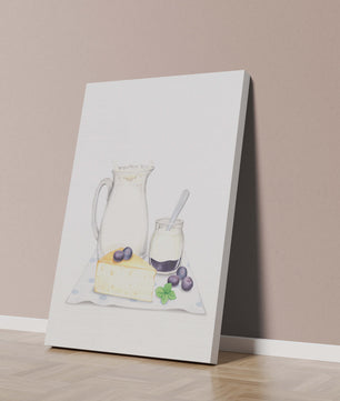 Illustration of dairy products with blueberries on polka dot cloth