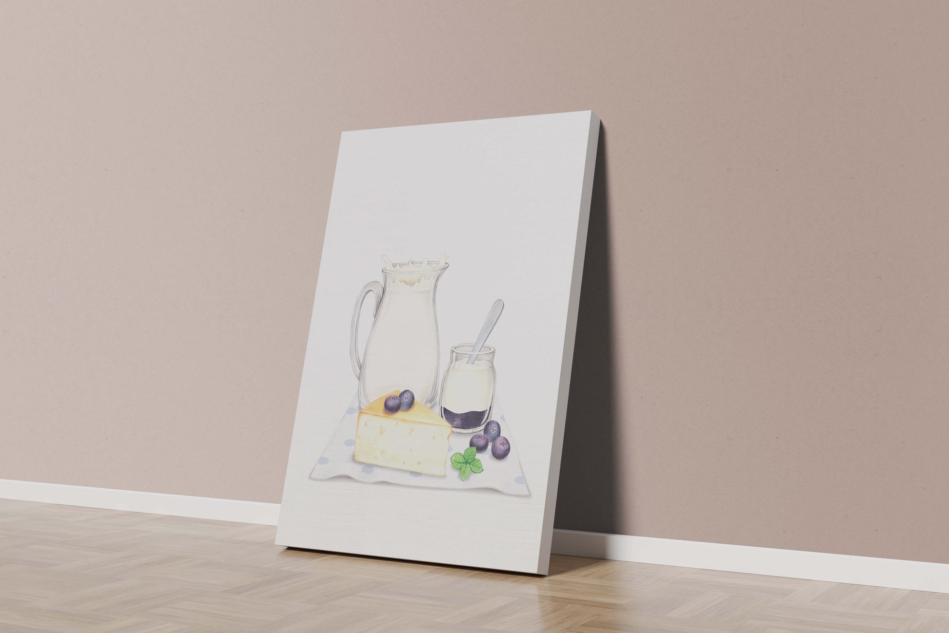 Ilustración de productos lácteos con arándanos sobre tela de lunares.
