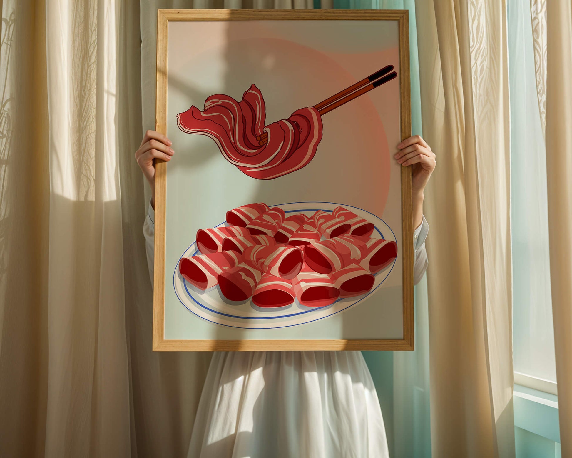 Delicious raw meat slices on plate with chopsticks in background