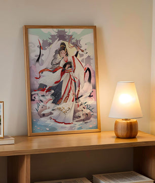 Elegant Asian Artistry with a Crane and Traditional Attire