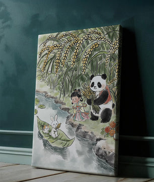 Escena caprichosa con un panda y un conejo junto al río