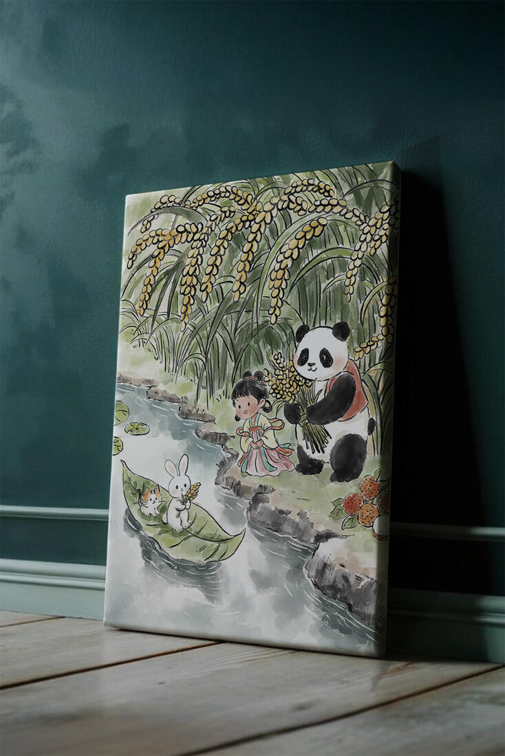 Escena caprichosa con un panda y un conejo junto al río