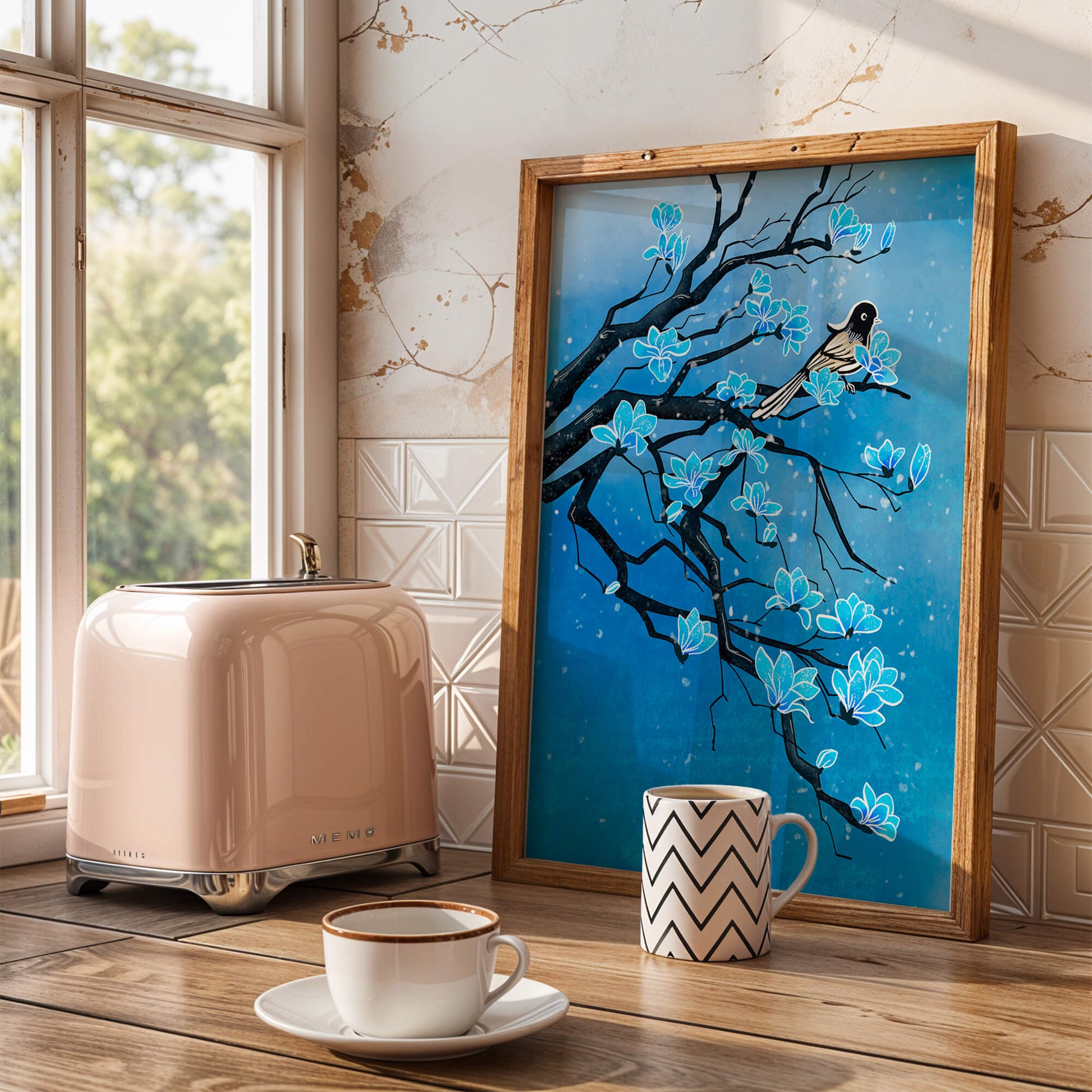 Bird on a branch with blue flowers against a snowy background
