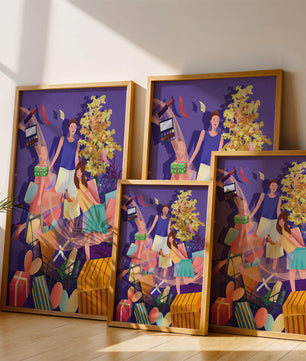 Illustration d'une expérience de shopping joyeuse en famille avec des cadeaux et des couleurs vives