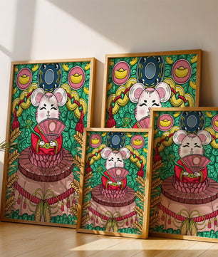 Ratón decorativo encantador con elementos asiáticos y monedas sobre un fondo vibrante