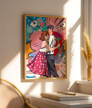 Pareja abrazándose en estilo pop art con un fondo colorido