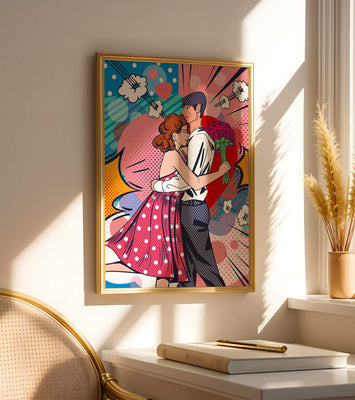 Pop Art Couple Embracing with a Colorful Background