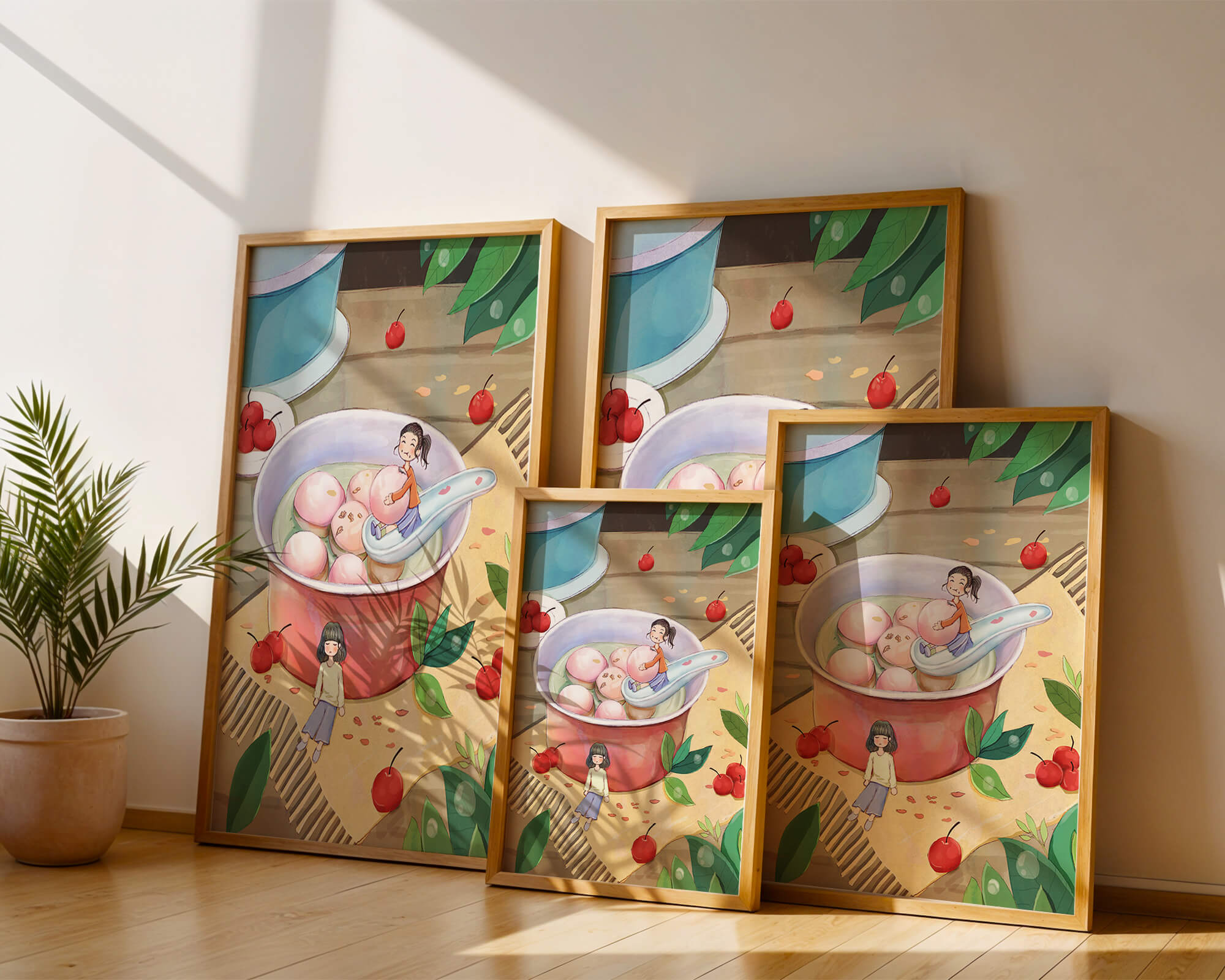 Charming illustration of children with dessert in a whimsical setting