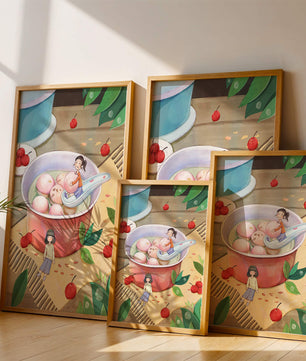 Charming illustration of children with dessert in a whimsical setting