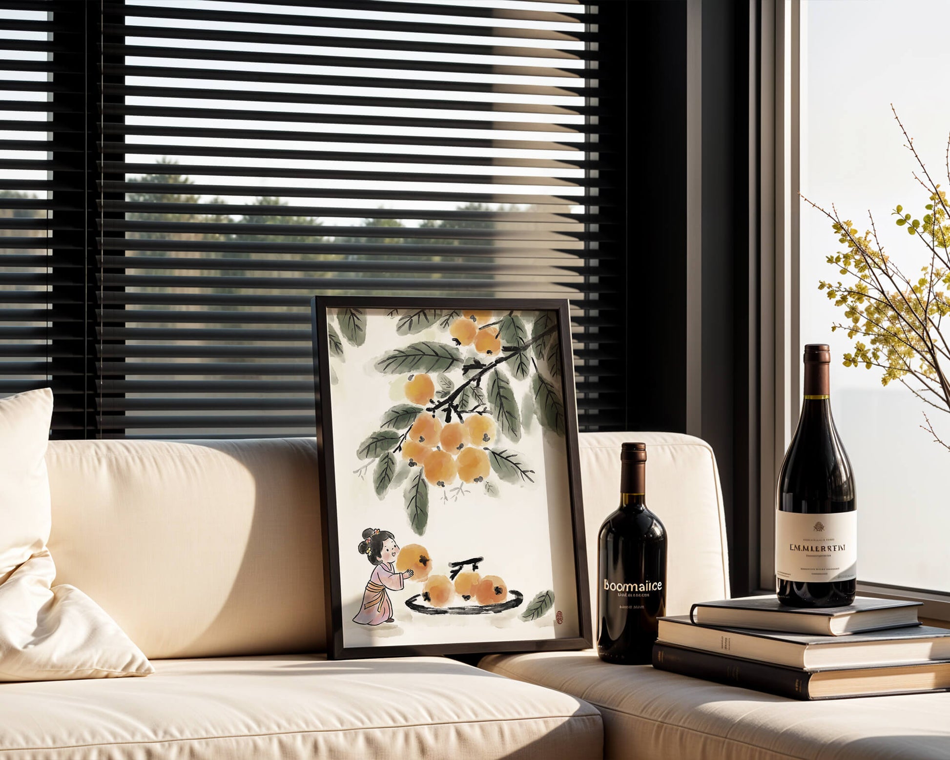 Arte japonés con una niña recogiendo caquis bajo un árbol