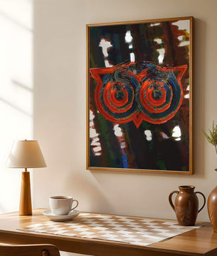 Abstract artwork featuring colorful geometric owl design