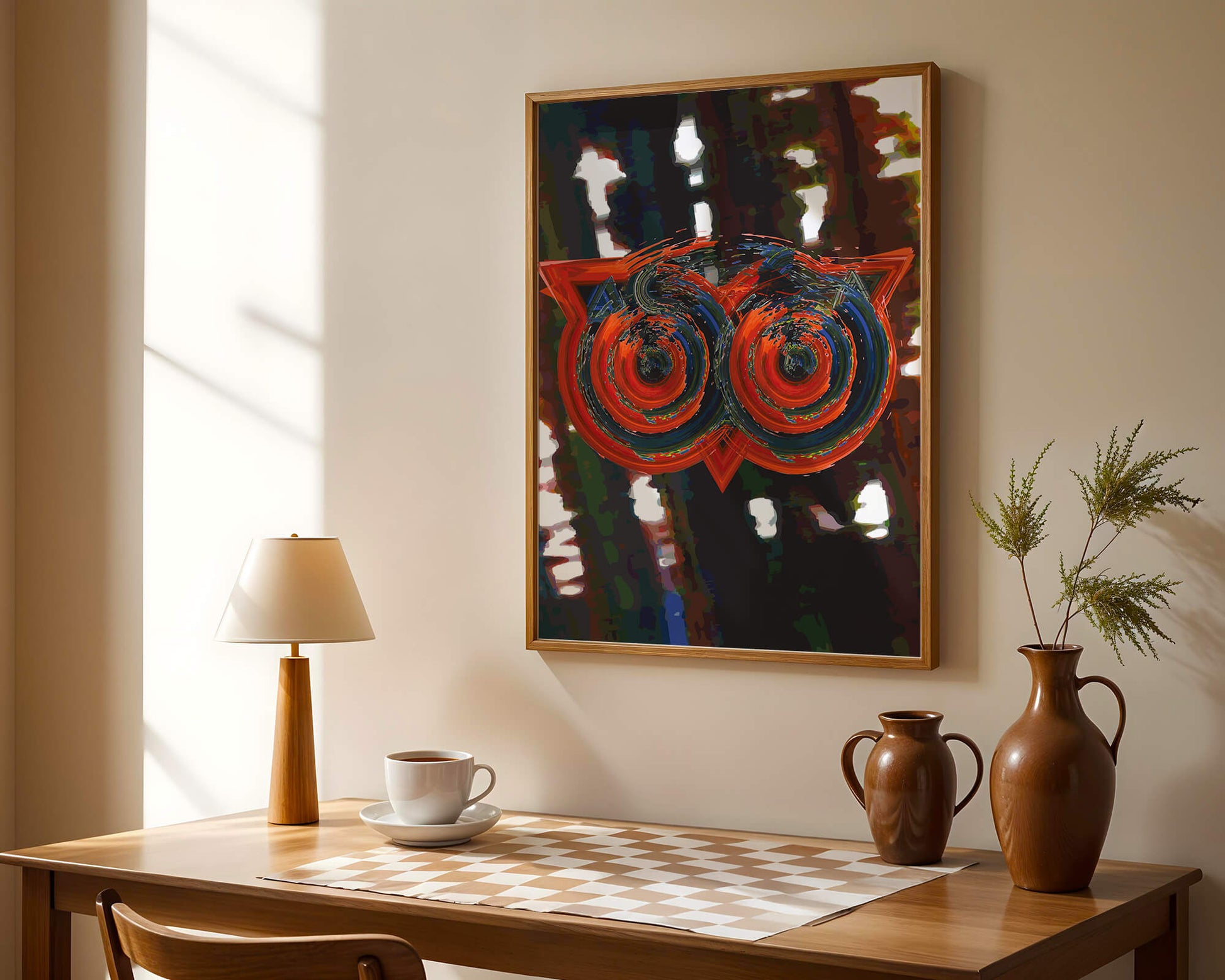 Abstract artwork featuring colorful geometric owl design