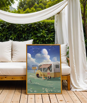 Girl with dog by camper van in serene nature setting