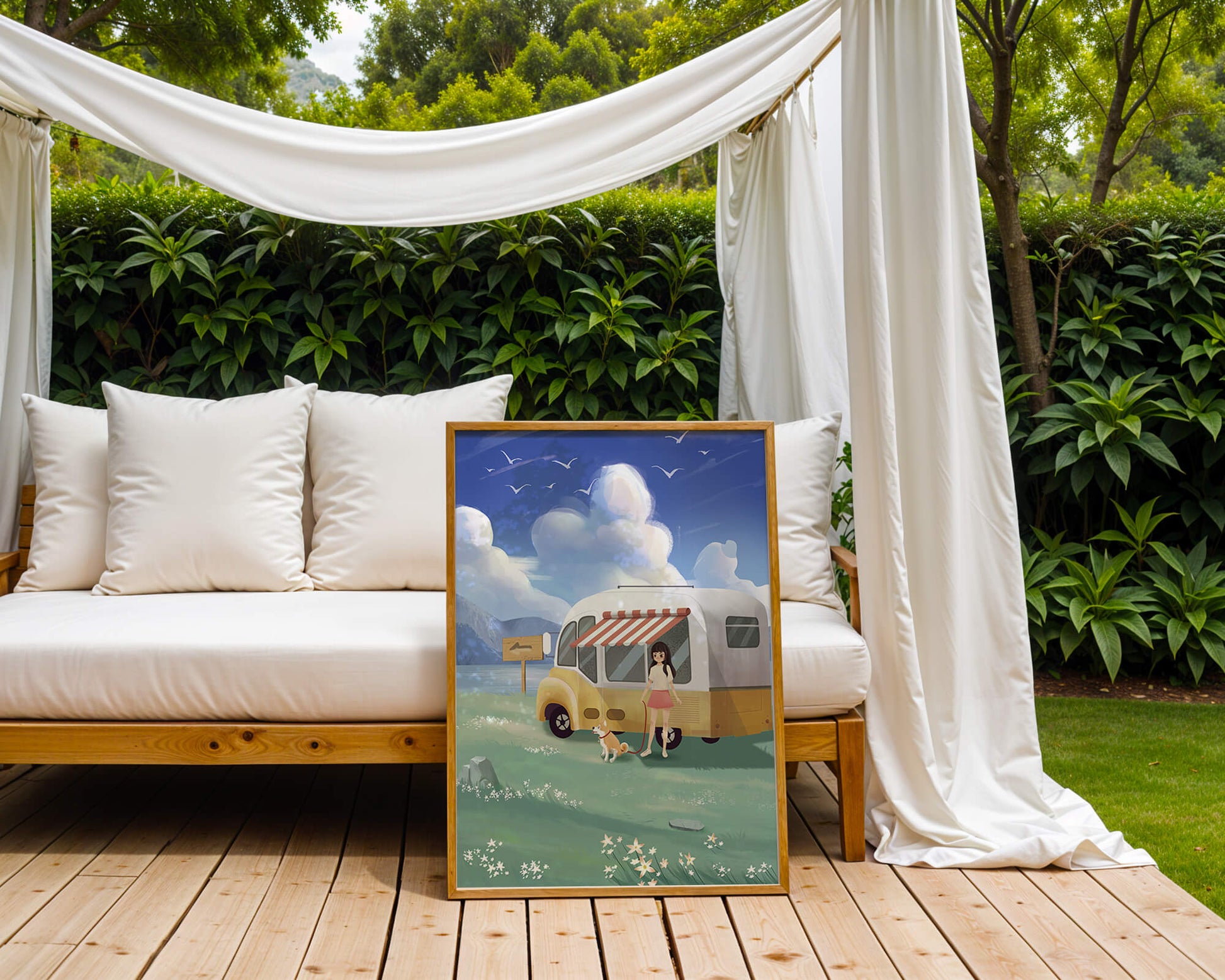 Girl with dog by camper van in serene nature setting