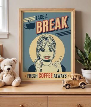 Retro Coffee Break Poster with Woman Holding a Cup - Mi tienda