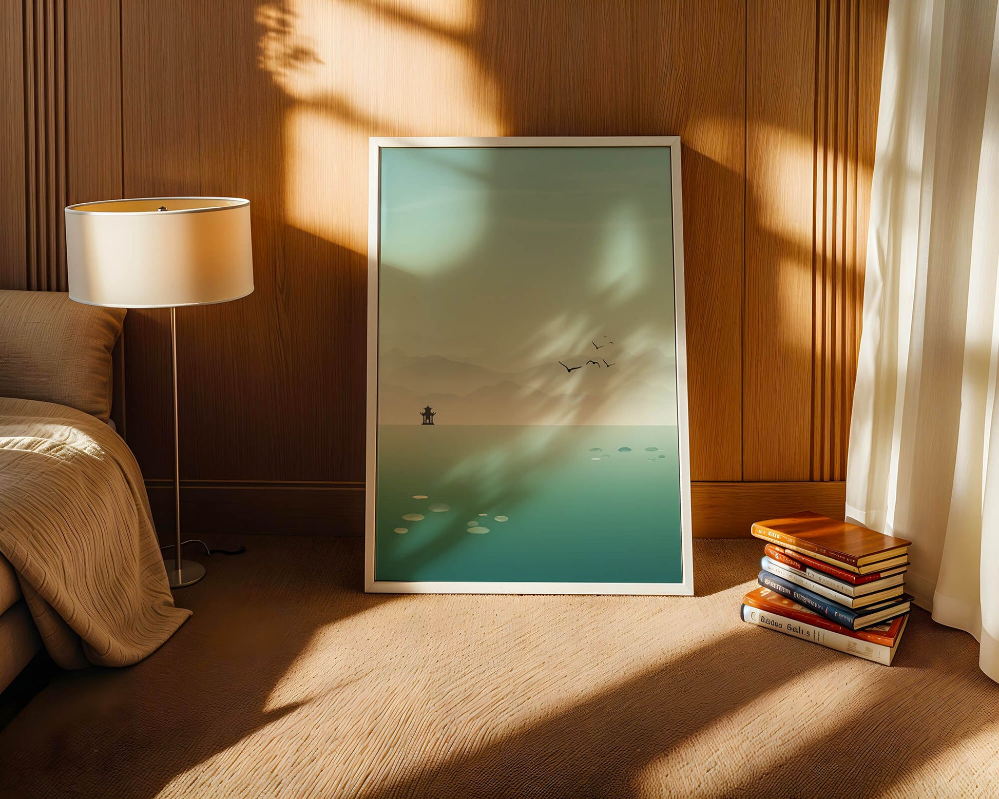Serene landscape with pagoda and birds over a misty lake