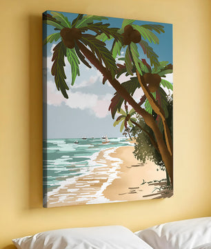 Tranquil Beach Scene with Palm Trees and Sailboats