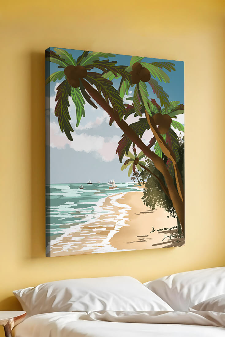 Tranquil Beach Scene with Palm Trees and Sailboats