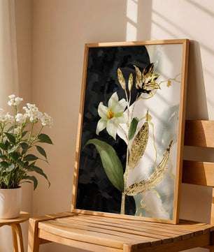 Diseño floral abstracto con detalles dorados y oscuros