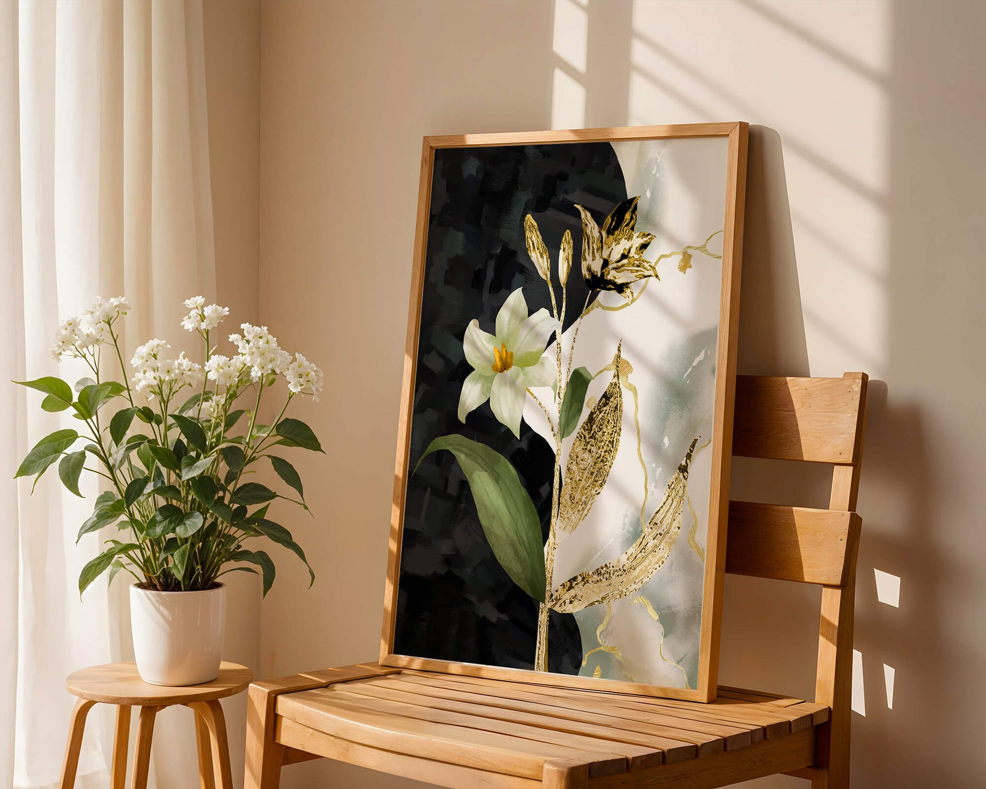 Diseño floral abstracto con detalles dorados y oscuros