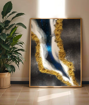 Abstract flowing design with gold, blue, and white textures