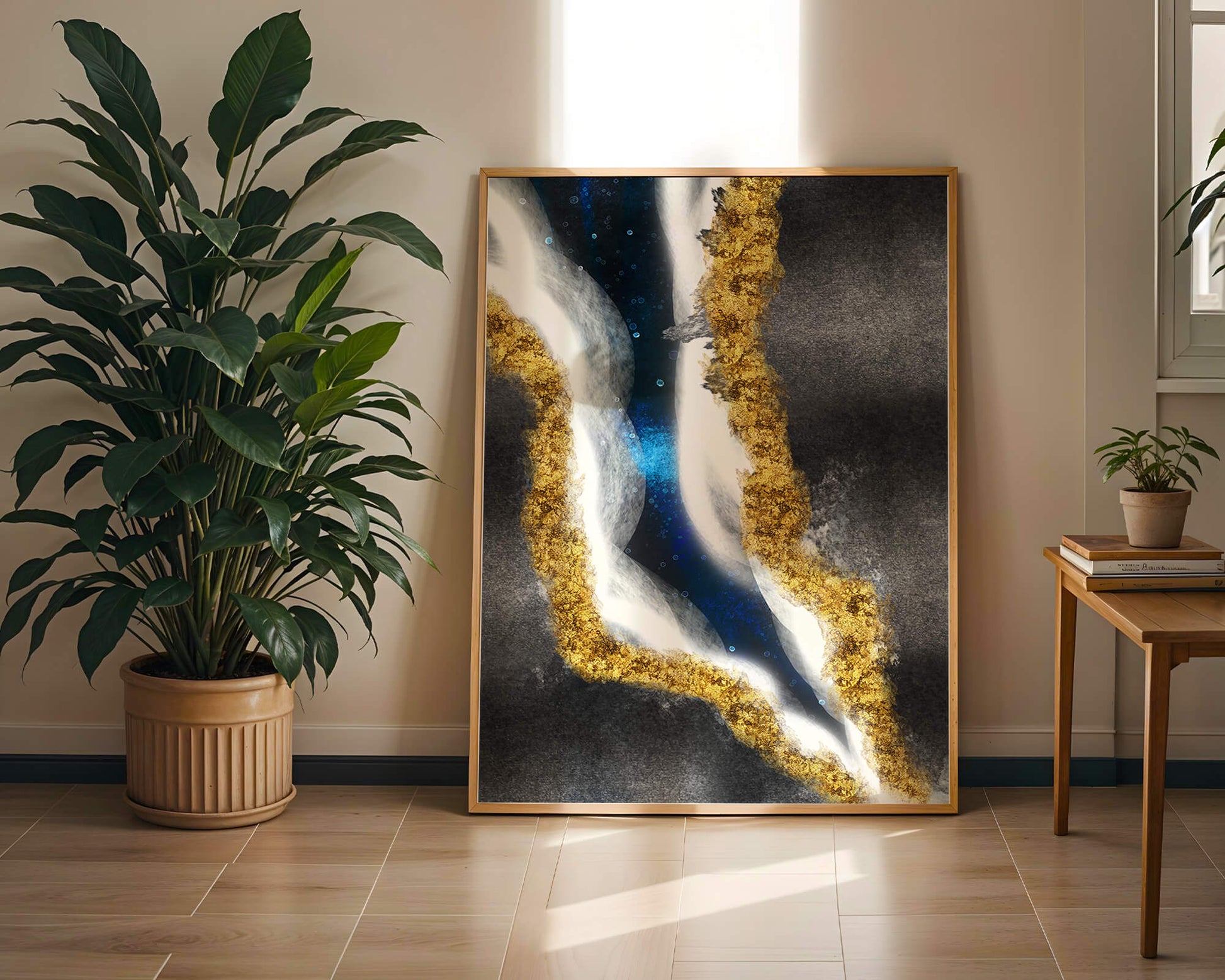 Abstract flowing design with gold, blue, and white textures