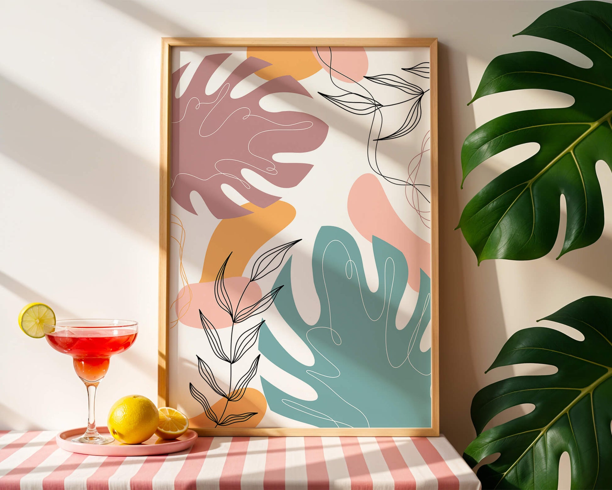 Abstract botanical illustration with colorful leaf patterns