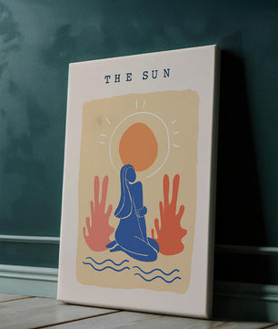 Modern abstract art poster featuring the sun and a serene figure in blue and coral tones - Mi tienda
