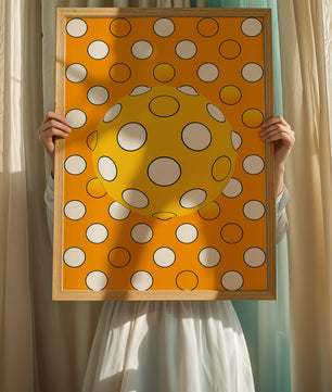 Colorful geometric pattern with white polka dots on orange background