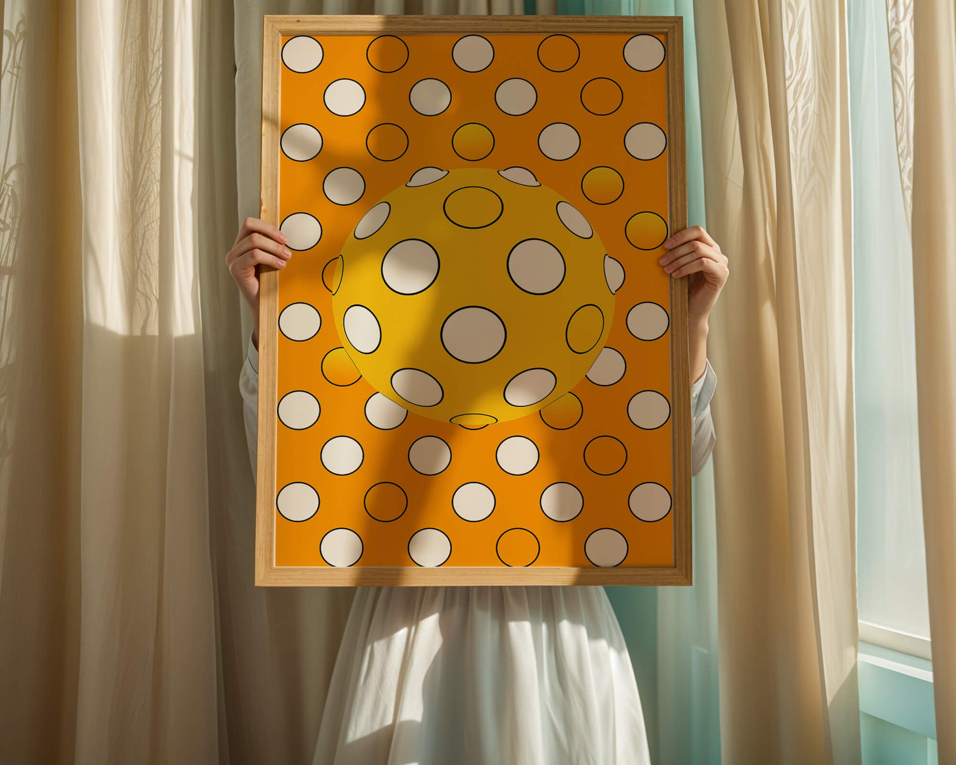 Colorful geometric pattern with white polka dots on orange background