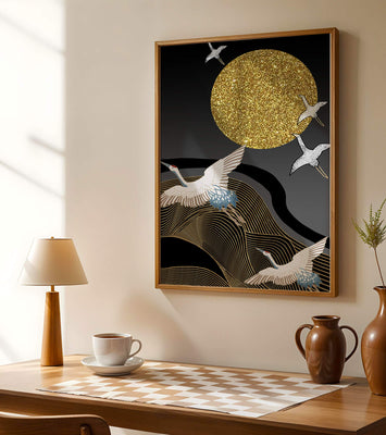 Elegant Cranes Soaring under a Golden Sun