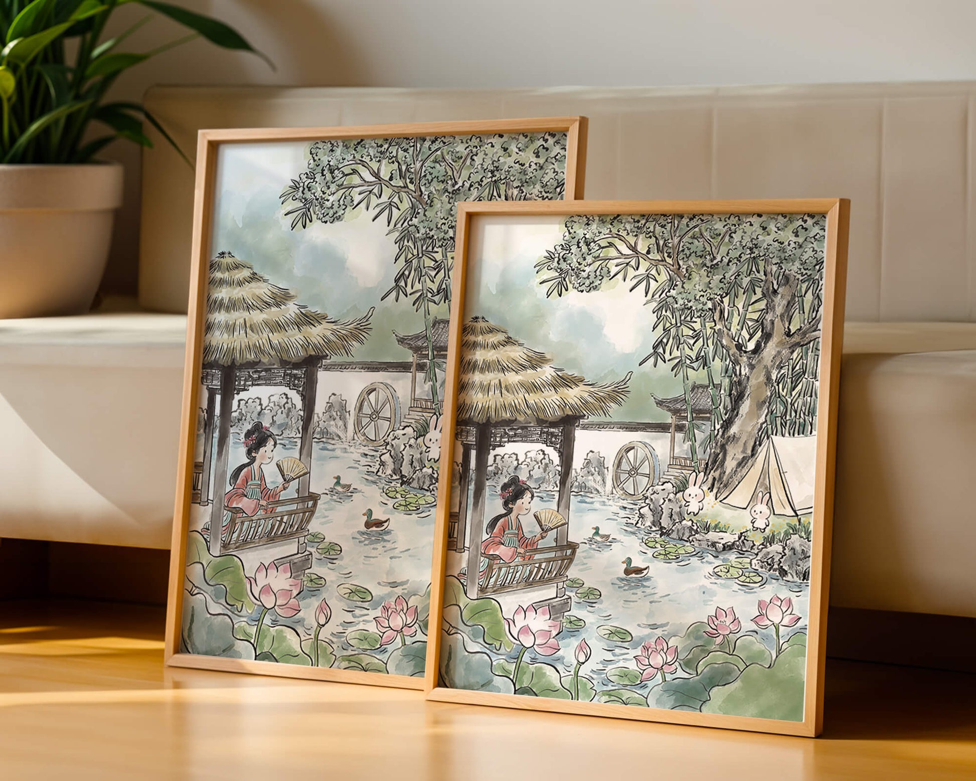 Escena tranquila de jardín con mujer, patos y conejos en un entorno tradicional