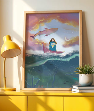 Illustration fantaisiste d'une fille sur un bateau avec une baleine volante