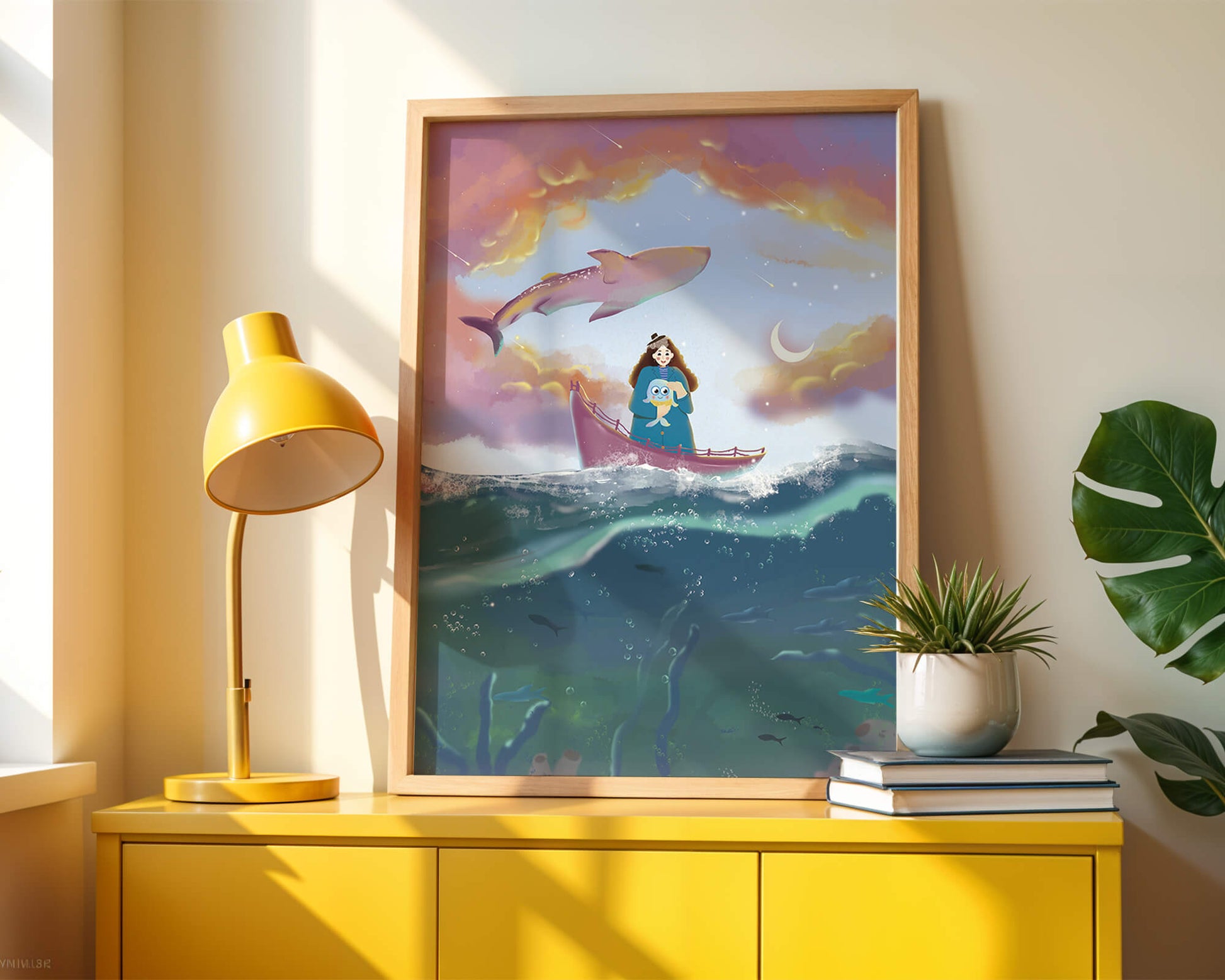 Whimsical illustration of a girl on a boat with a flying whale