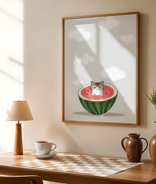 Whimsical art of a kitten in watermelon with clouds