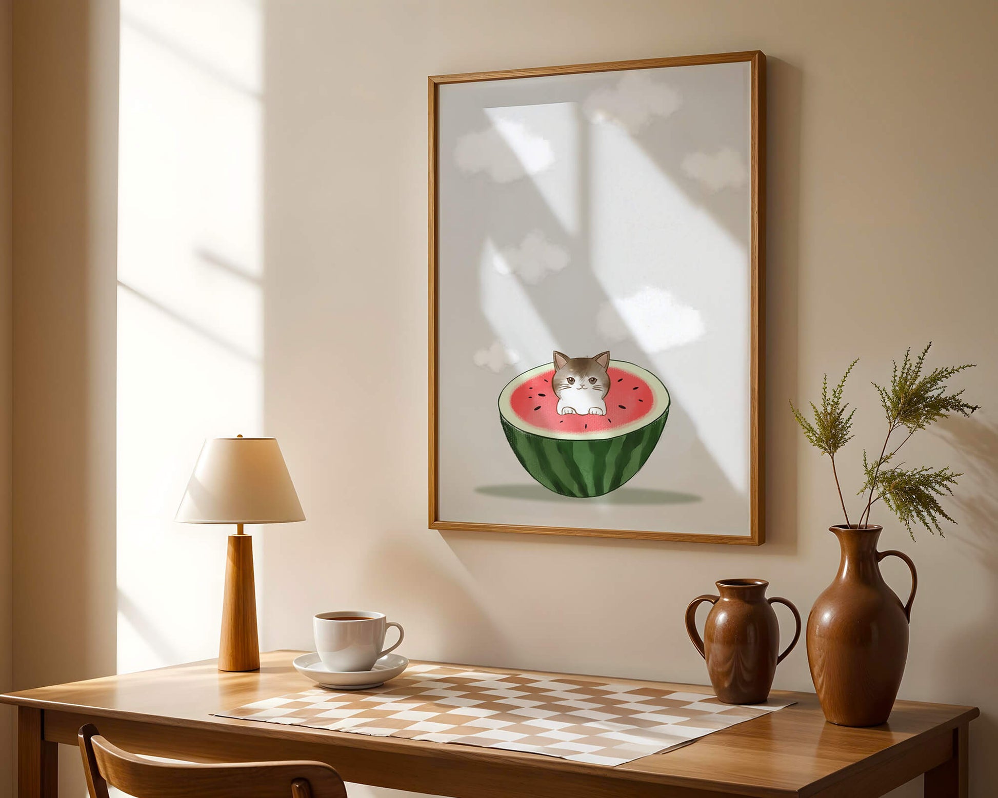 Whimsical art of a kitten in watermelon with clouds