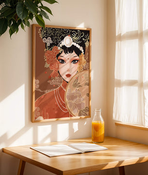 Elegante retrato de una mujer asiática con atuendo tradicional y elementos florales