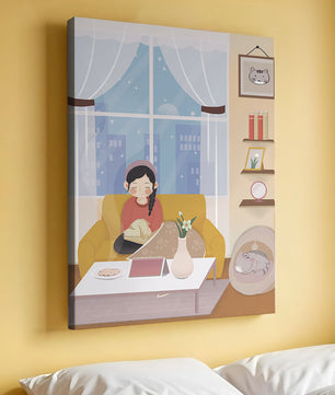 Cozy living room with a girl and a dog on a yellow sofa