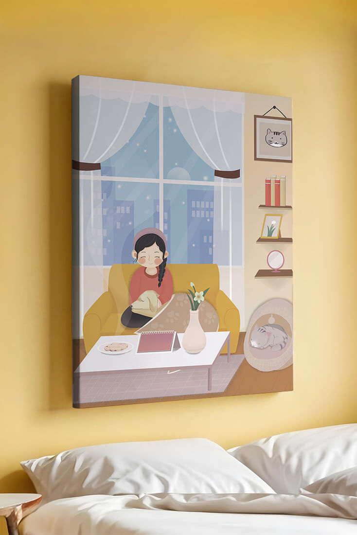 Cozy living room with a girl and a dog on a yellow sofa