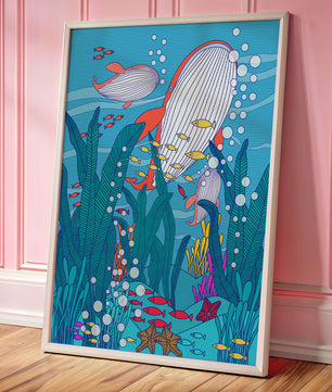 Underwater world illustration with whales and fish amidst seaweed