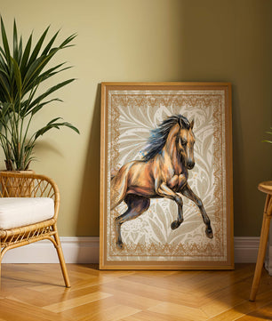 Elegant horse illustration with ornate golden frame