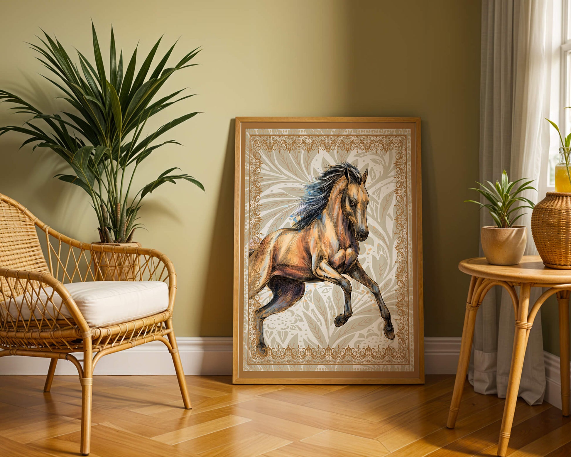 Elegant horse illustration with ornate golden frame