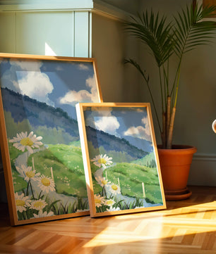 Meadow with Daisies Under Bright Blue Sky