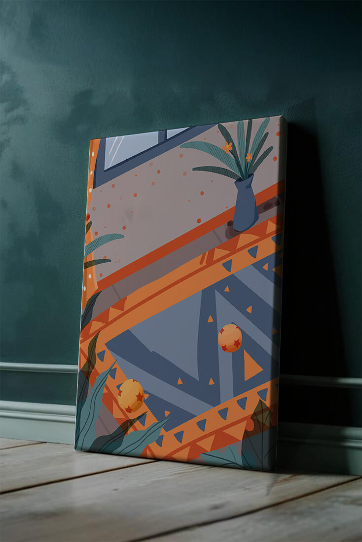 Interior abstracto moderno con patrones geométricos y planta