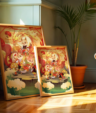 Fantastical scene with anthropomorphic animals and a dragon in a vibrant setting